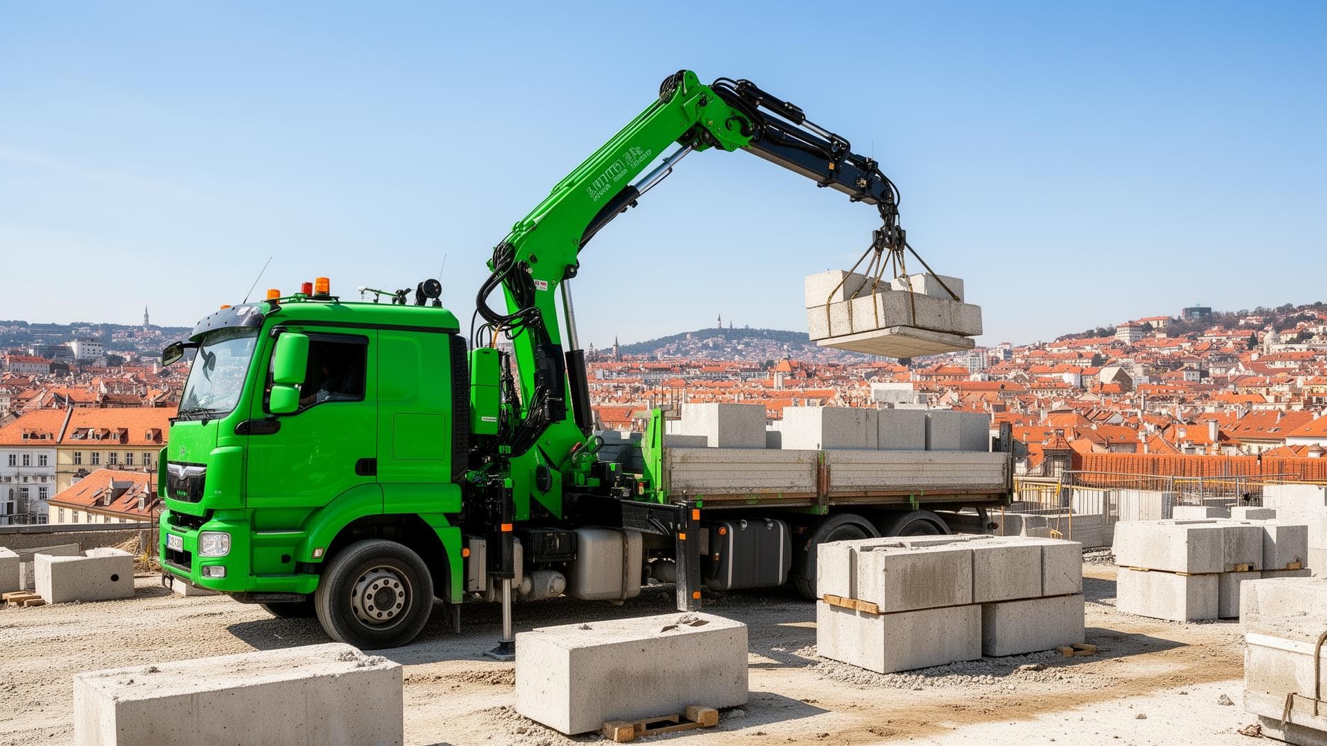 Zeleni kamion s kranom na gradilištu u Zagrebu